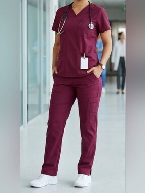 DAGACCI Unisex Medical Scrub Set 2XL Burgundy Poly Cotton Solid New